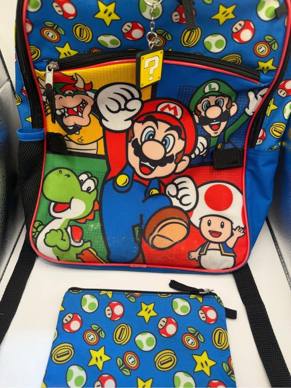 Nintendo Super Mario Backpack w/ Zip Pouch & Question Block Keychain